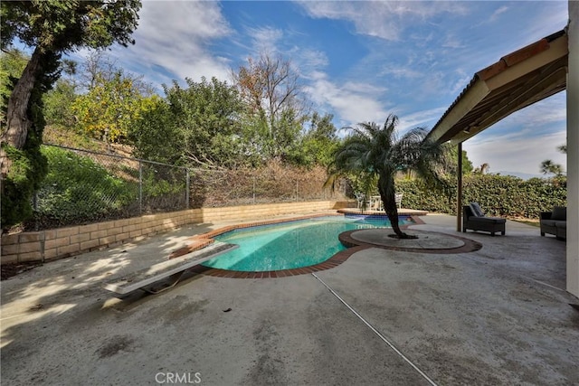 view of pool with a diving board and a patio