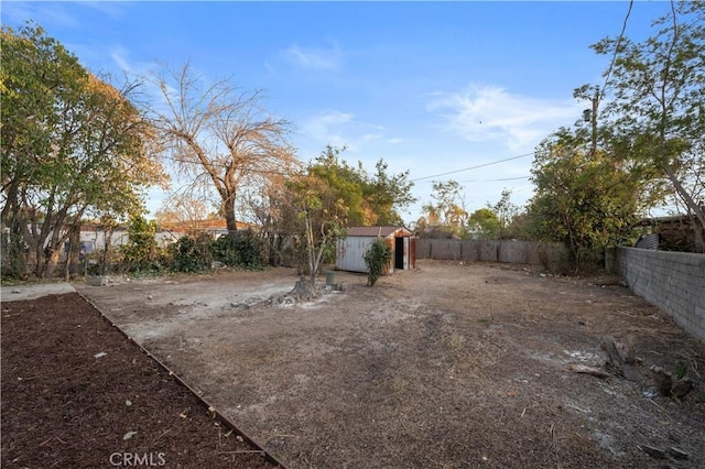 view of yard featuring a storage unit