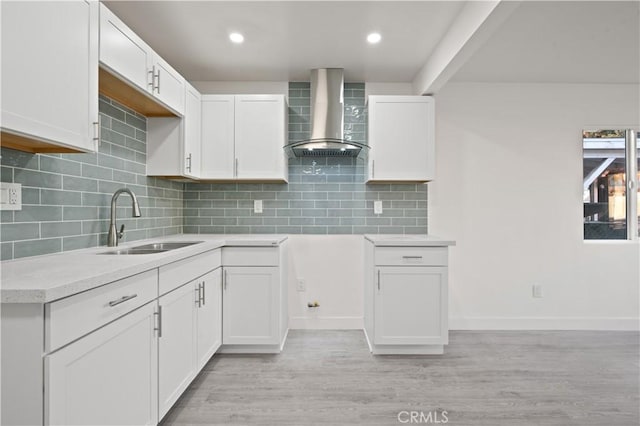 kitchen with sink, white cabinetry, backsplash, and wall chimney exhaust hood