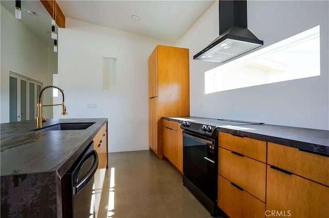 kitchen with exhaust hood, sink, electric range, dishwashing machine, and concrete flooring