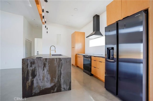 kitchen featuring wall chimney exhaust hood, refrigerator with ice dispenser, light brown cabinetry, sink, and electric range