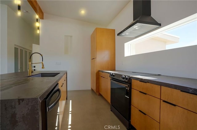 kitchen with premium range hood, dishwasher, electric range, and sink