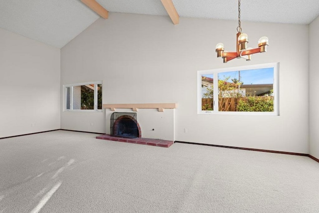 unfurnished living room with high vaulted ceiling, carpet flooring, an inviting chandelier, and beam ceiling