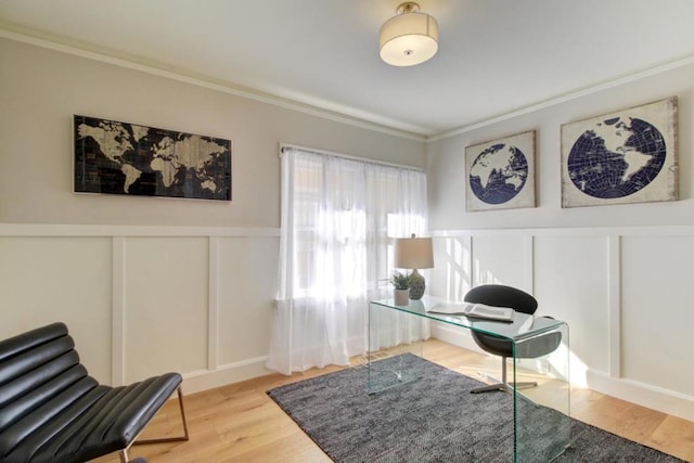 office space with hardwood / wood-style flooring and ornamental molding