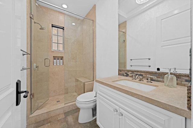 bathroom featuring decorative backsplash, toilet, vanity, and walk in shower