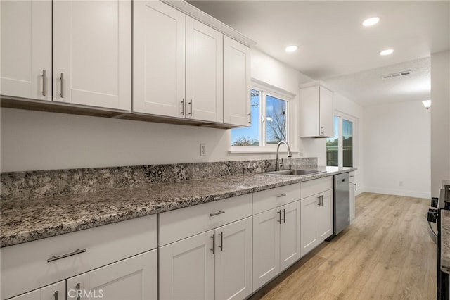 266 E Fig Ln, Corning, CA 96021 - kitchen featuring white cabinetry, light wood-type flooring, sink, light stone counters, and dishwasher