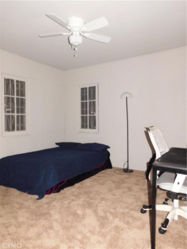 bedroom featuring ceiling fan and carpet floors