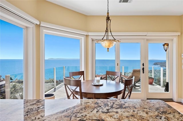 dining space featuring light wood-type flooring and a water view