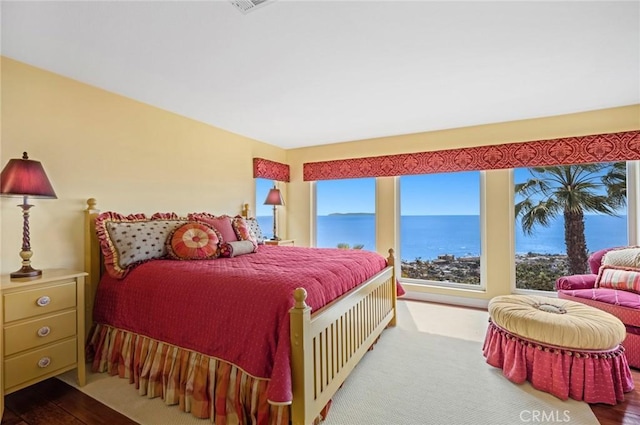 bedroom featuring multiple windows and a water view