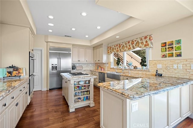 kitchen with appliances with stainless steel finishes, a center island, sink, kitchen peninsula, and light stone counters