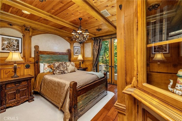 bedroom with beam ceiling, wood ceiling, access to outside, and dark wood-type flooring