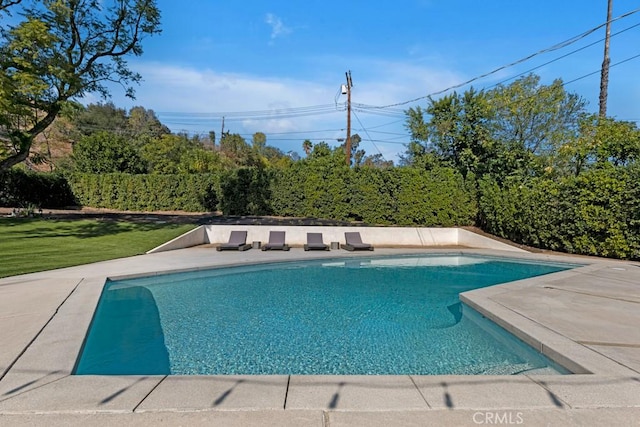 view of swimming pool featuring a patio and a lawn