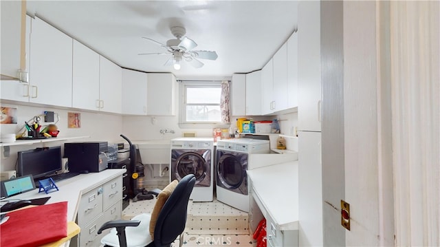 washroom featuring cabinets, separate washer and dryer, and ceiling fan