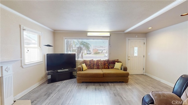 living room with light wood-type flooring, a wealth of natural light, ornamental molding, and a textured ceiling