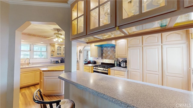 kitchen featuring light hardwood / wood-style floors, sink, ornamental molding, gas stove, and ceiling fan