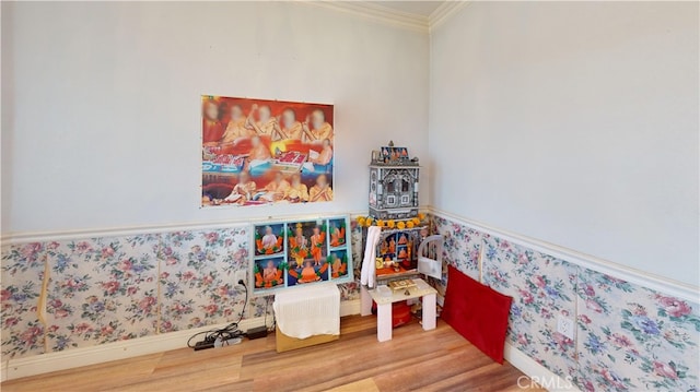 playroom featuring hardwood / wood-style floors and crown molding