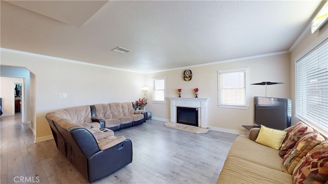 living room featuring light wood-type flooring and ornamental molding