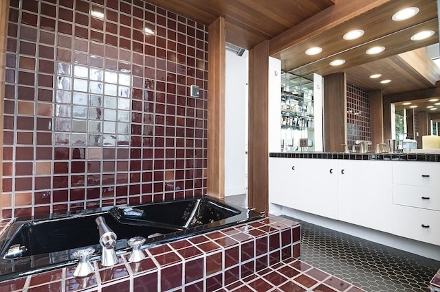 full bath with recessed lighting, decorative backsplash, vanity, wooden ceiling, and a bath