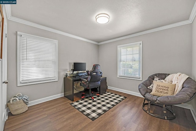 office space with dark wood-type flooring and ornamental molding