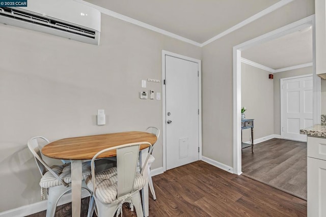 dining space featuring dark wood-type flooring, a wall mounted AC, and ornamental molding