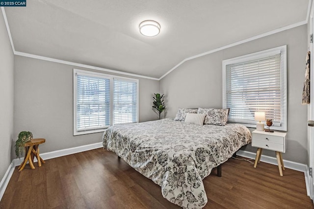 bedroom with multiple windows, dark hardwood / wood-style floors, lofted ceiling, and ornamental molding