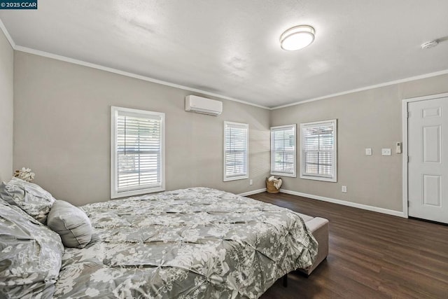 bedroom with an AC wall unit, crown molding, dark hardwood / wood-style flooring, and multiple windows