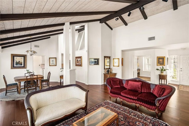 living room with beamed ceiling, dark wood-type flooring, wooden ceiling, and high vaulted ceiling