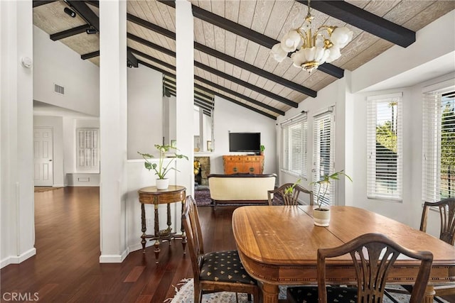 dining area featuring an inviting chandelier, vaulted ceiling with beams, dark wood-type flooring, and wooden ceiling