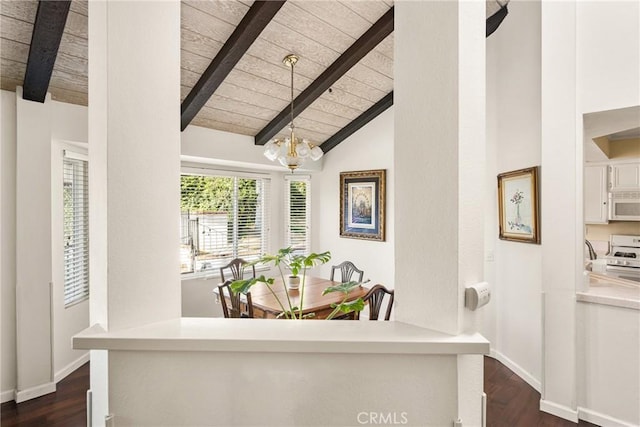 dining room featuring vaulted ceiling with beams, a notable chandelier, dark hardwood / wood-style flooring, and wooden ceiling