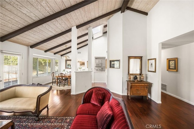 living room featuring high vaulted ceiling, dark wood-type flooring, wooden ceiling, and beam ceiling