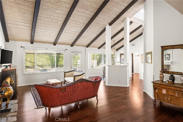 living room featuring dark hardwood / wood-style flooring, wood ceiling, and beamed ceiling