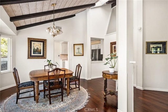 dining room with dark wood-type flooring, a notable chandelier, lofted ceiling with beams, and wooden ceiling