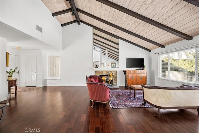 living room with hardwood / wood-style floors, high vaulted ceiling, a fireplace, wooden ceiling, and beamed ceiling