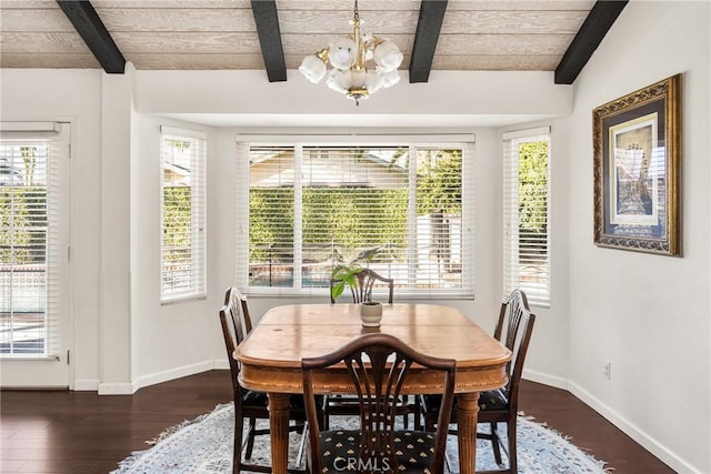 dining room with vaulted ceiling with beams, wood ceiling, plenty of natural light, and dark hardwood / wood-style floors