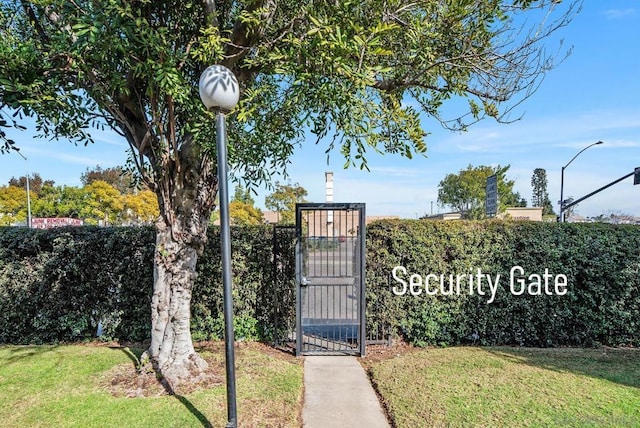 view of gate featuring a lawn