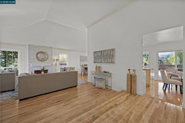 living room featuring plenty of natural light, light wood-type flooring, and high vaulted ceiling