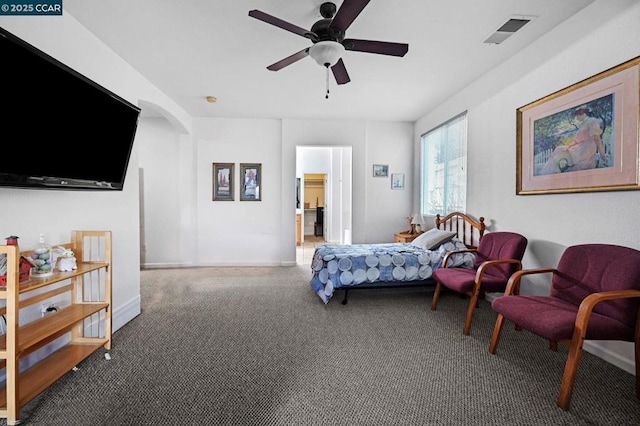 carpeted bedroom with ceiling fan