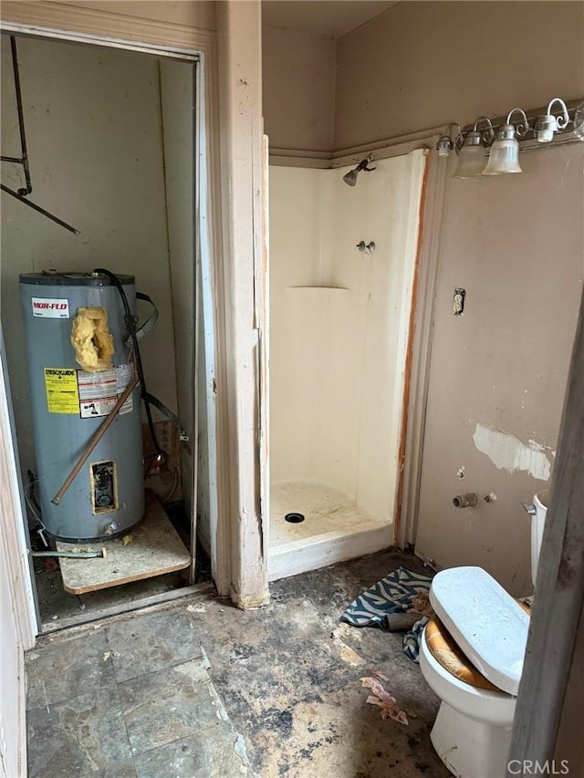 bathroom featuring gas water heater, toilet, and a shower