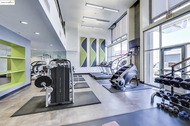 exercise room featuring a towering ceiling