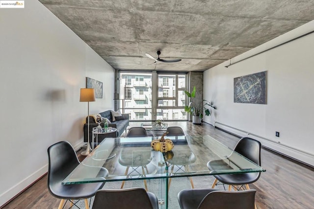 dining space with ceiling fan, expansive windows, a baseboard radiator, and wood-type flooring