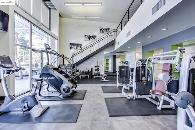 workout area with a towering ceiling