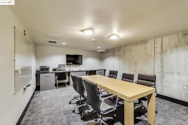 home office featuring light carpet