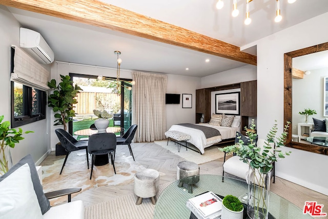 bedroom featuring a wall mounted AC, beam ceiling, and light parquet flooring