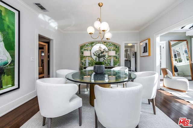 dining area with plenty of natural light, dark wood-type flooring, crown molding, and a chandelier