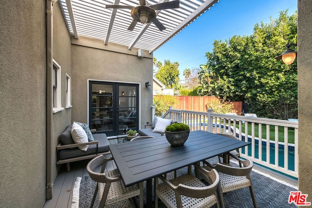 exterior space featuring a swimming pool and ceiling fan