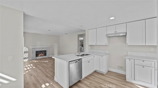 kitchen with sink, stainless steel dishwasher, white cabinets, and kitchen peninsula