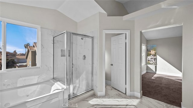 full bathroom with lofted ceiling, baseboards, marble finish floor, a marble finish shower, and a tub with jets