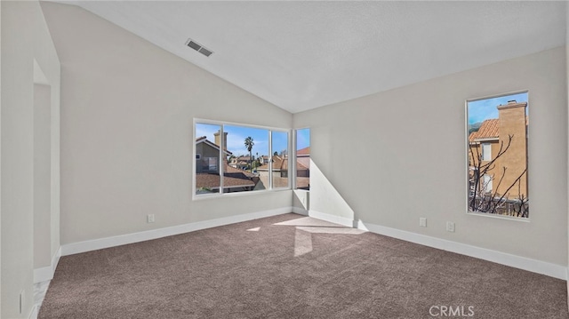 carpeted spare room with vaulted ceiling