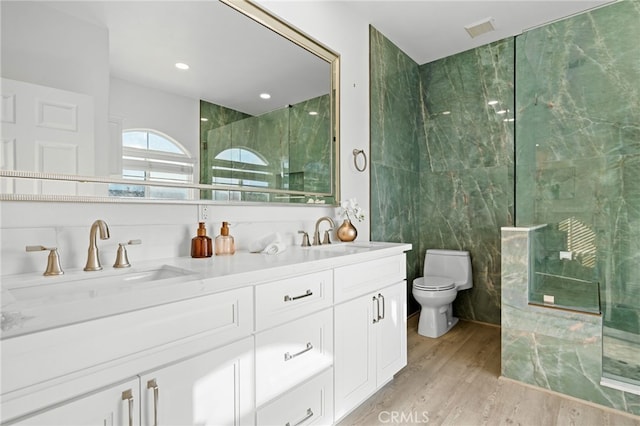 bathroom featuring vanity, wood-type flooring, toilet, and walk in shower