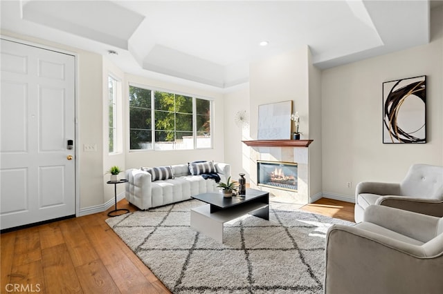 living room with a tiled fireplace, a raised ceiling, and hardwood / wood-style floors